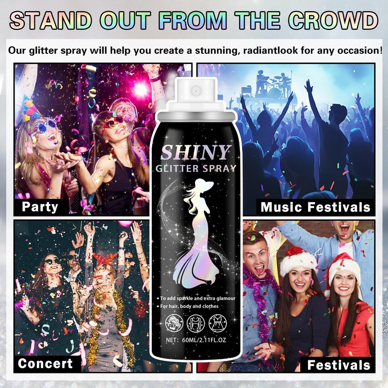 IONSGAKO Body Glitter Spray, 60ML Shiny Silver Glitter Spray for Hair Body and Clothes,Long-Lasting Quick-Drying Holographic Ultra Fine Powder Glitter Hairspray for Festival Rave Stage Prom 2.11 Fl Oz