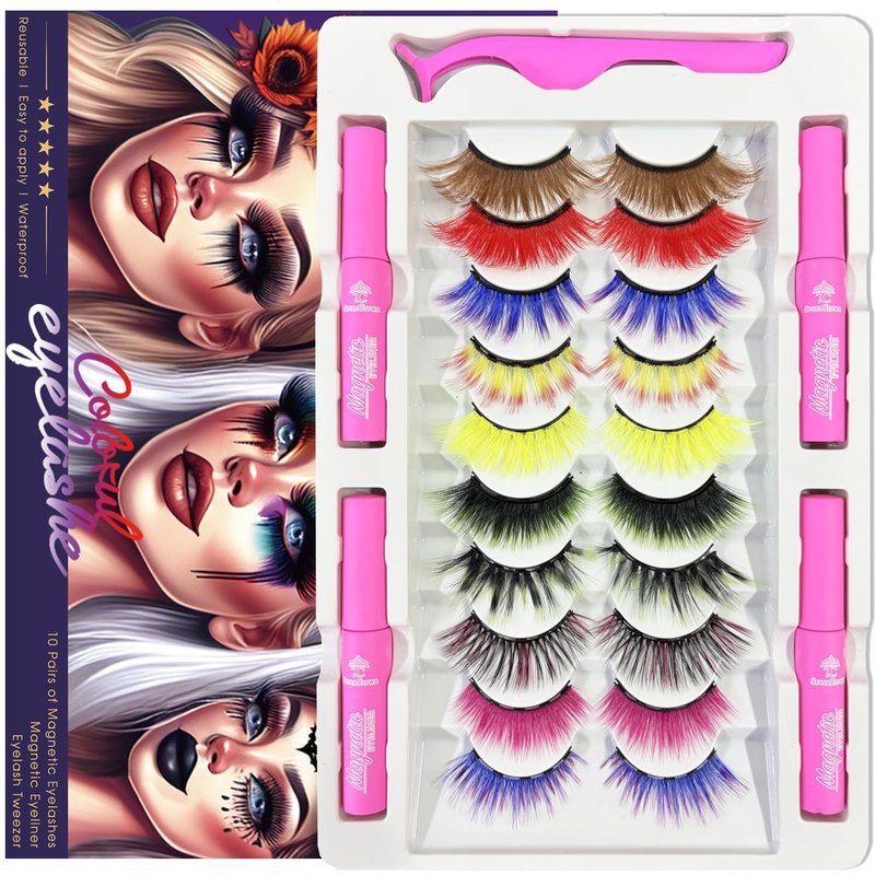 Magnetic Eyelashes with Eyeliner Kit 18-21MM Fluffy Dramatic Faux Mink Lashes 10 Pairs Long Luxury Volume Fake Eye Lashes Easy to Apply Cruelty-Free&Vegan （2 black+2brown)