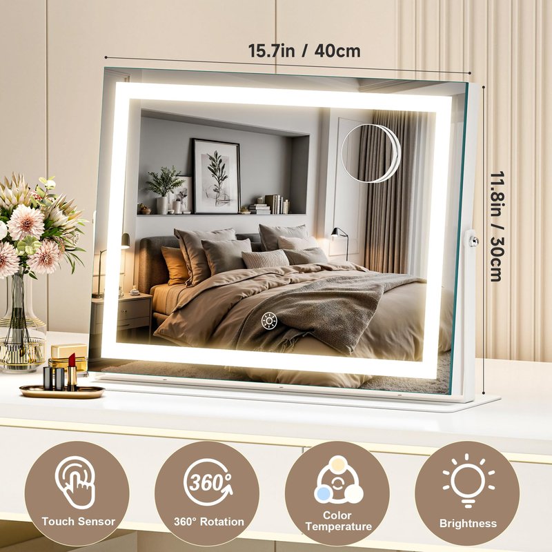 MINISO Vanity Mirror with Lights-15" x 11.4" LED Makeup Mirror, 3 Color Modes Touch Control and Brightness Adjustment Lighting Mirror, 10X Magnifying Glass, 360° Rotation