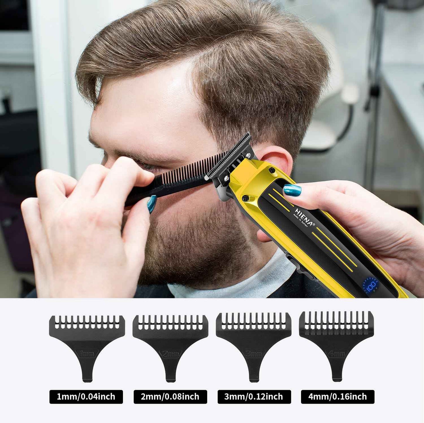 HIENA PRO Professional Electric Hair Trimmer for Men, Cordless Clipper Barber Haircut Tool with USB, Rechargeable T-Blade Precision Beard Trimmer, Perfect Gifts for Men(Gold)