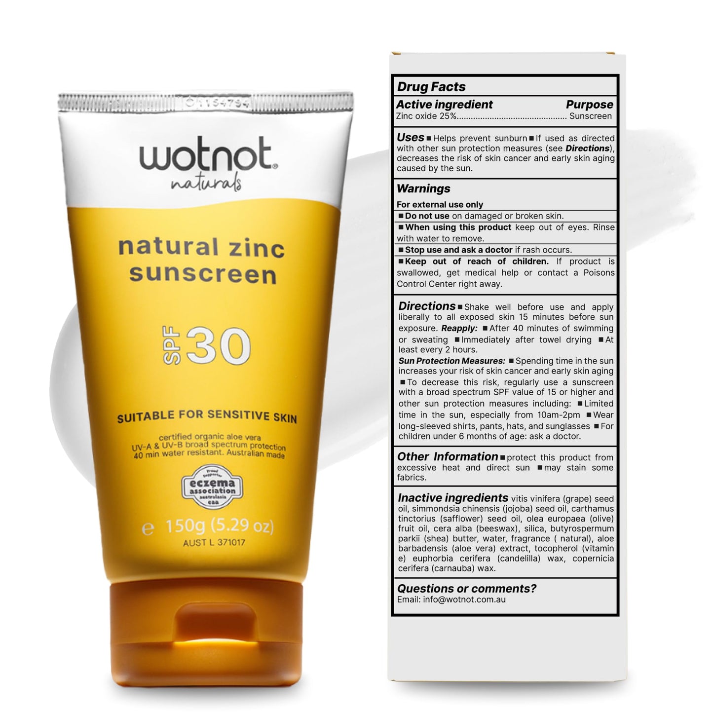 Wotnot Natural Zinc Sunscreen SPF 30 for Sensitive Skin, Mineral Sunscreen for Face & Body, Fragrance-Free Daily Sun Protection for Adults & Family, 5.3oz (150g)