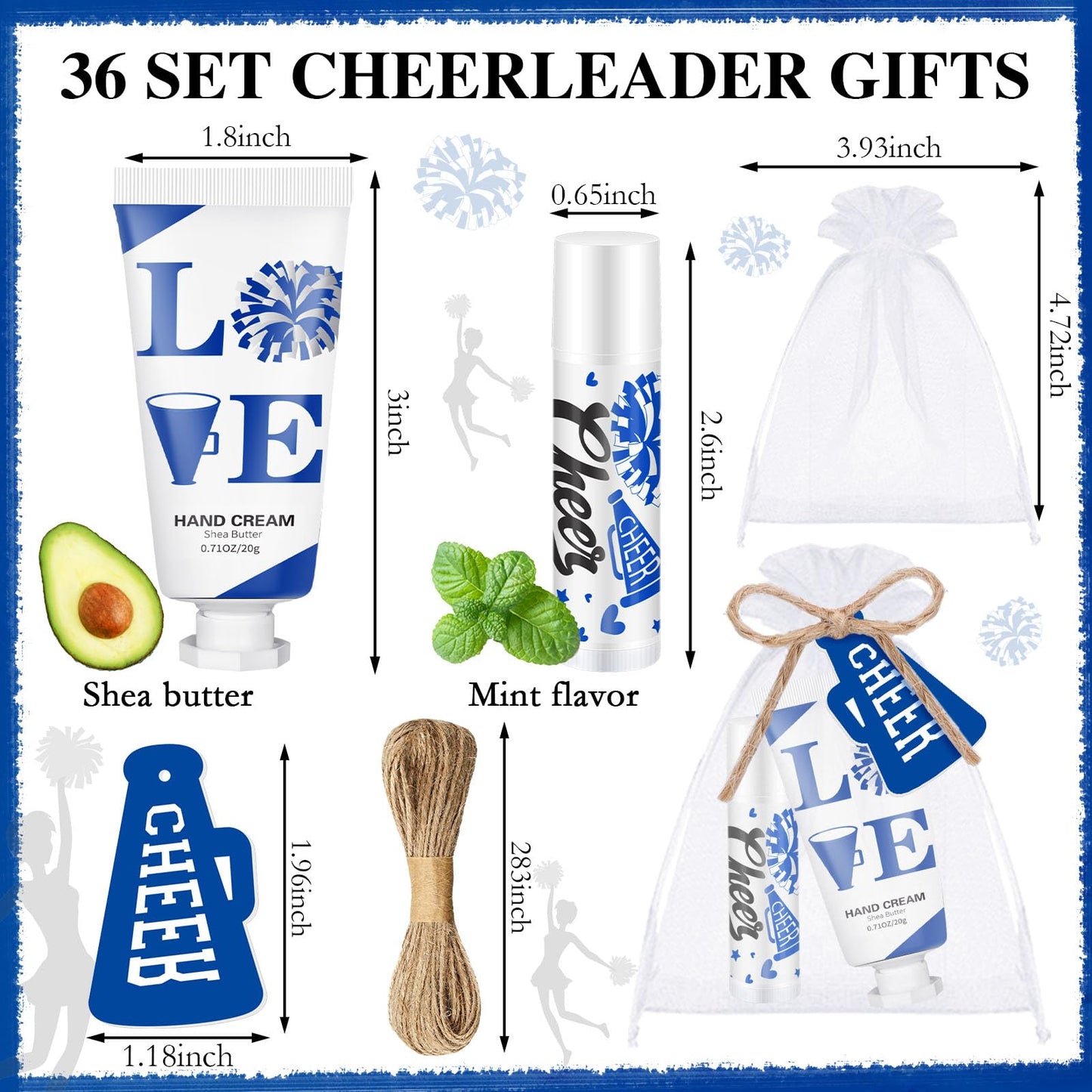 Heigble 144 Pcs Cheerleading Lip Balms Hand Cream Sets Green Cheerleading Party Supplies Including 36 Lip Balm and Moisturizing Hand Cream 36 Organza Bags Cards and Ropes for Team Thank You Gifts