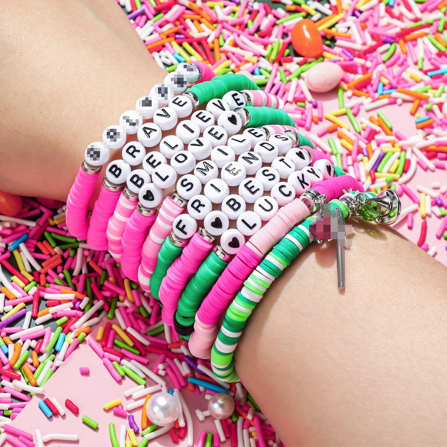 FineCheer 10 Sets Green and Pink Witch Gift for Girls Friendship Magic Bracelet and Scrunchie Bulk for Teen Themed Birthday Party Inspirational Thank You Gifts(Witch Theme)