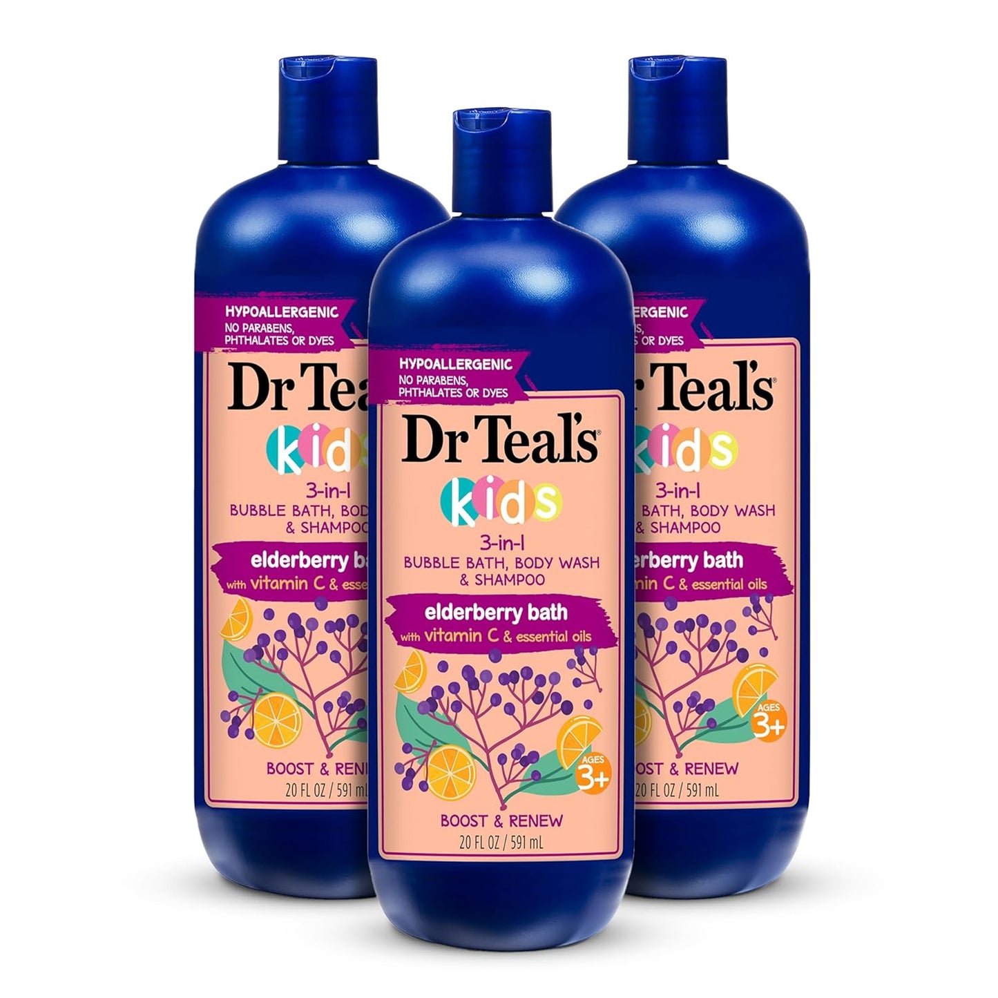Dr Teal's Kids 3-in-1 Bubble Bath | Body Wash & Shampoo with Elderberry & Vitamin C - 20 fl oz (Pack of 3)