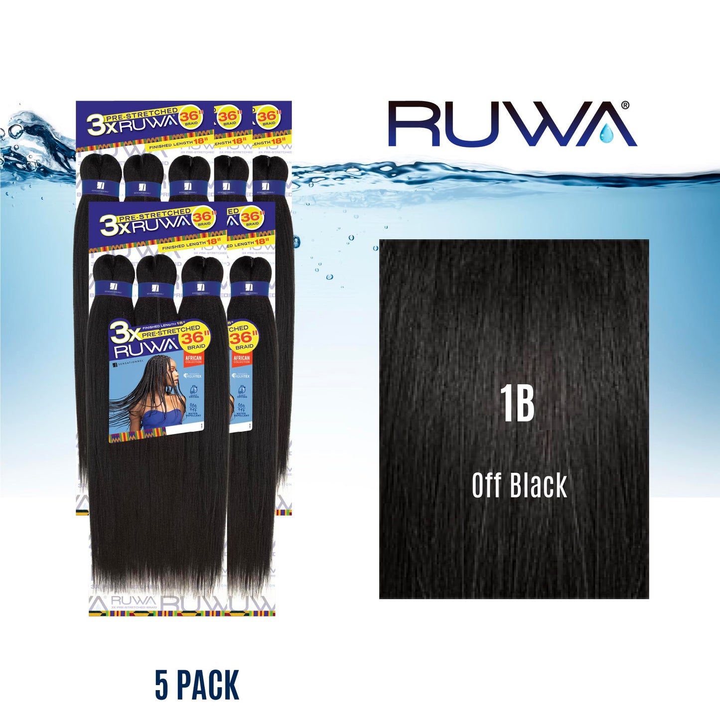 Sensationnel Ruwa prestretched braiding hair - 3x 36 inch water repellent kanekalon fast dry synthetic sports itch free (5 pack, 1B OFFBLACK)