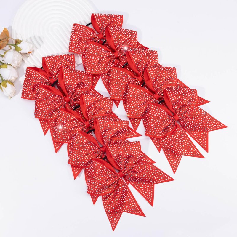 Rhinestone Cheer Bows - 10PCS Red Glitter Hair Bows for Girls | Large Elastic Ponytail Holders for Cheerleading & School Spirit