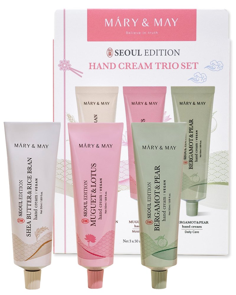 Mary&May SEOUL EDITION Shea Butter & Rice Bran Hand Cream Trio Set - Korean Nourishing Vegan Hand Moisturizer for Soft, Healthy Hands - 3 Different Formula & Scent, 1.69oz. 3ea