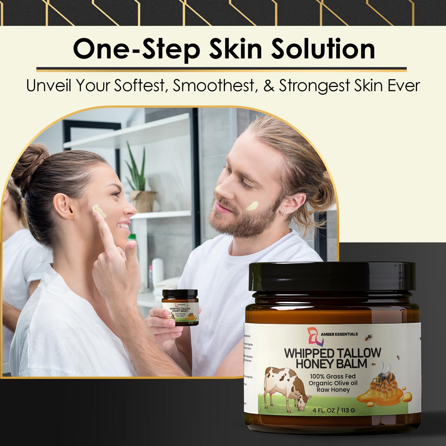 AMBER ESSENTIALS Organic Grass-Fed Beef Tallow and Honey Balm | All-Natural Moisturizer with Raw Honey & Olive Oil | Face + Body Cream for Dry, Sensitive Skin, Anti-Aging, Cracks, Acne-Prone Skin 4oz