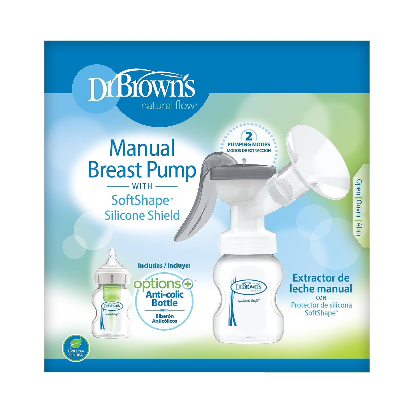 Dr. Brown’s Manual Breast Pump with SoftShape 100% Silicone Shield (B, 25mm flange) & Anti-Colic Options+ Wide-Neck Baby Bottle 5 oz/150 mL, with Level 1 Slow Flow Nipple