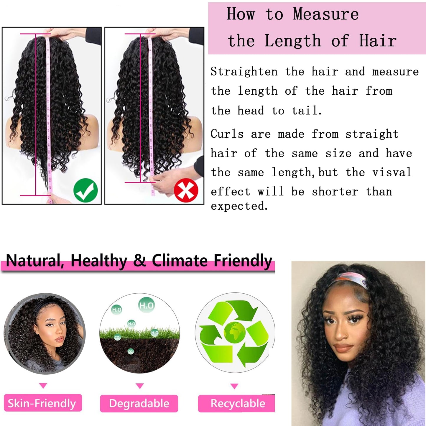 Semicaop Curly Headband Wigs 16 Inch 100% for Black Women Human Hair Glueless Wear and Go Human Hair Headband Wigs Curly 180% Density Natural Black