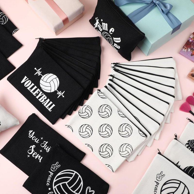 Volleyball Cosmetic Bags - 30 Pcs Travel Pouch Set for Women | Canvas Makeup Bags for Teams (Black & White)