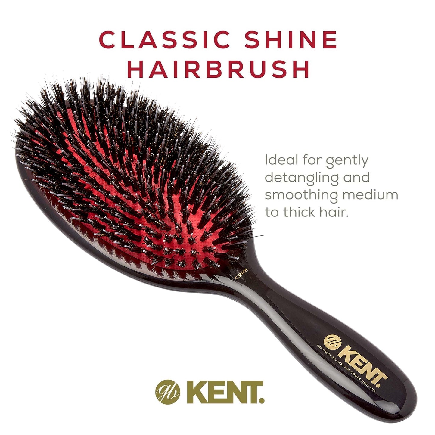 Kent CSMM 7.75" Classic Shine Medium Oval Cushion Straightening Brush - Natural Black Boar Bristle Hair Brush with Nylon Quills - Shine Hair Brush and Scalp Scrubber for Shoulder to Mid Length Hair