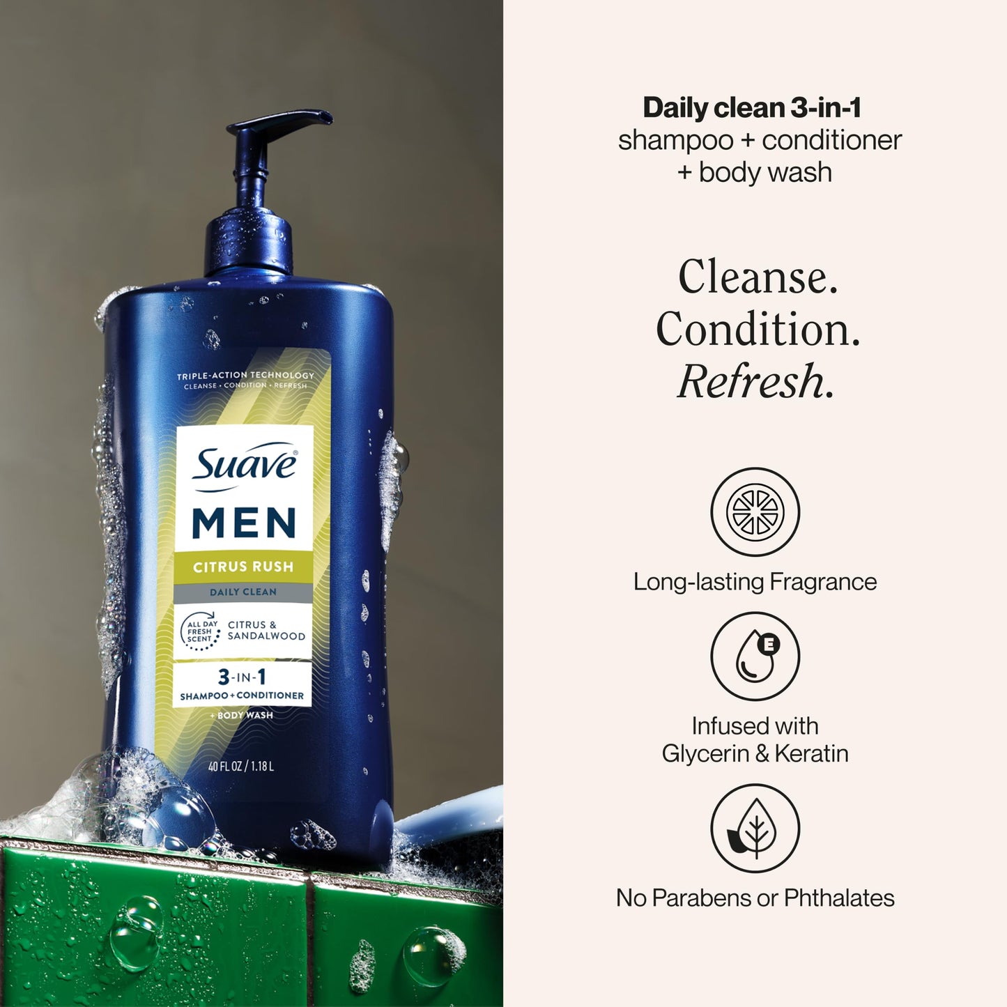 Suave Men Citrus Rush Daily Clean 3 in 1 Shampoo, Conditioner & Body Wash for Men with Glycerin & Keratin Hydrates & Smooths Hair, Citrus Scent, 4 Count, 40 fl oz Pump