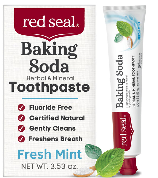 Red Seal Fluoride Free Toothpaste - Baking Soda - Herbal & Mineral Formula, Vegan-Friendly, Cruelty-Free, SLS and Paraben-Free, No Artificial Flavors, NATRUE Certified Natural, Dry Mouth Relief