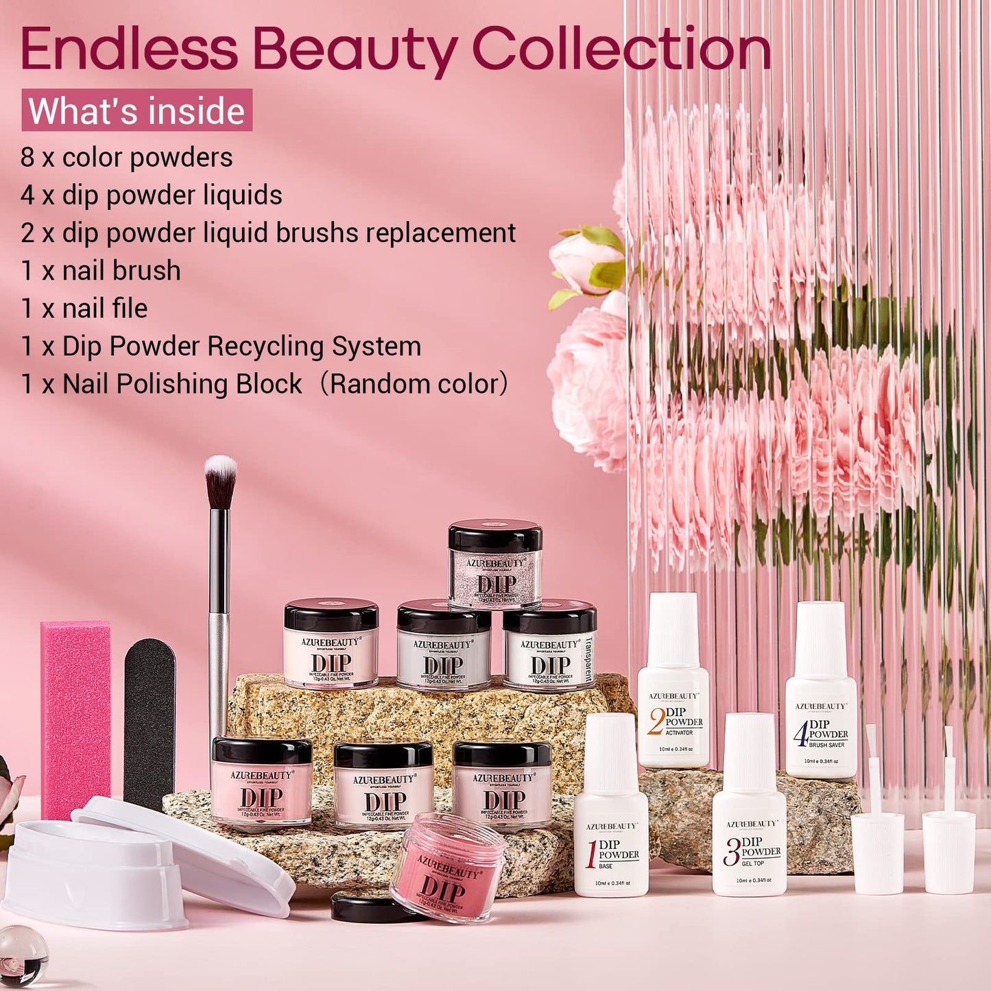 AZUREBEAUTY 18Pcs Dip Powder Nail Kit Starter, 8 Colors Clear Nude Pink Glitter All Season Dipping Powder System Essential Liquid Set with Top/Base Coat for French Nail Art Manicure DIY Salon