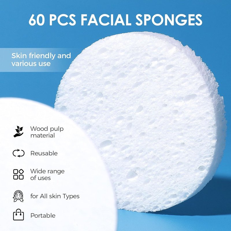 Compressed Face Sponges - 60-Count Reusable Natural Cellulose Facial Cleansing Pads | Travel Essentials for Exfoliating & Makeup Removal