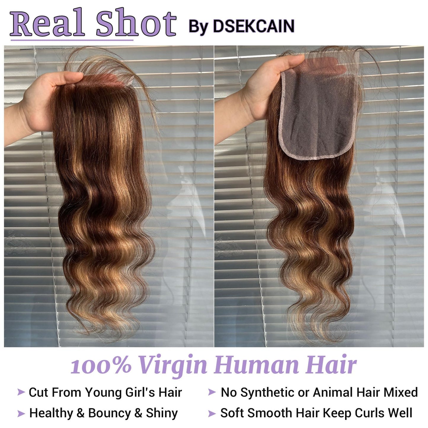 DSEKCAIN Highlight P4/27 5x5 Body Wave Lace Closure 100% Real Human Hair 12 Inch Transparent hd 5x5 Lace Closure Body Wave Chocolate Brown and Honey Blonde Piano Color 150% Density