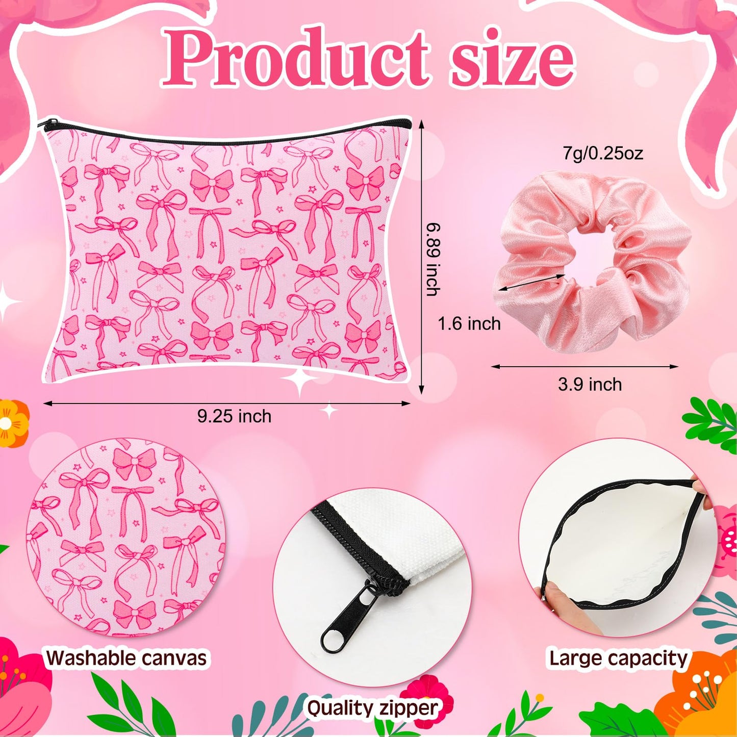 Reallnaive 18 Pcs Pink Bow Glass Cups with Lids Coquette Party Favors Bow Cosmetic Makeup Bag Pink Hair Scrunchies Ties for Pajama Party Bridesmaid Bridal Birthday Wedding Valentines Christmas Gift