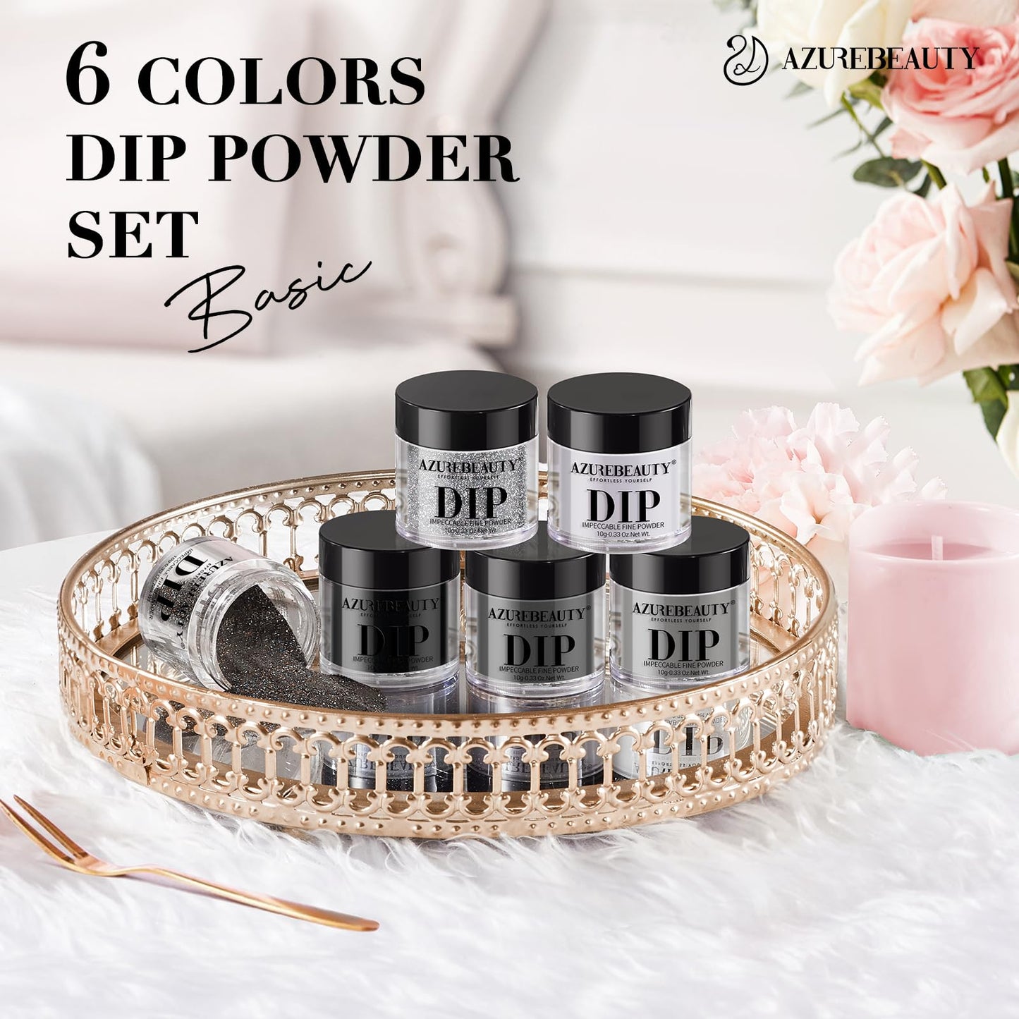 AZUREBEAUTY Dip Powder Nail Basic Set White Black Silver Grey Pure Sparkle 6 Colors All Seasons Dipping Powder Starter Kit French Nail Art Manicure DIY Salon for Women, No Need Nail Lamp Cured