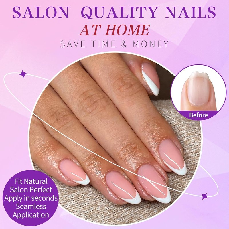 French Tip Press-On Nails - 216PC Medium Pink Almond Acrylic Set with Adhesive Tabs | Stylish Fake Nails