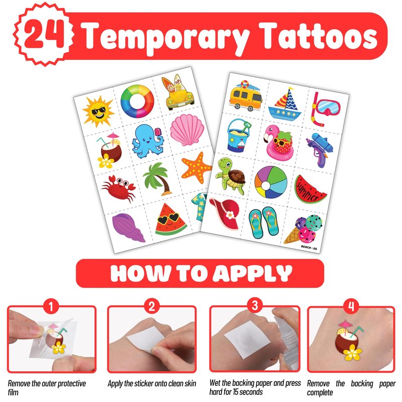 Cherisnowy 48PCS Beach Party Favors – 24PCS Temporary Pre - cut Tattoos & 24PCS Slap Bracelets – Summer & Ocean-Themed Birthday Supplies, Baby Shower Gifts, Classroom Rewards & Party Decor for Kids
