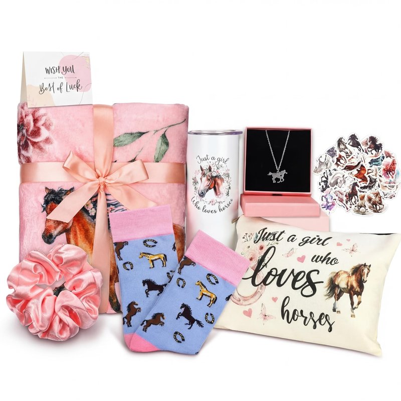 Roshtia 58 Pcs Horse Gifts for Equestrian Hobby Lover Women Girls Horse Gifts Cool Stuff Cowgirl Horses Themed Gift Accessories with 20 oz Tumbler Blanket Socks Makeup Bag Gift for Christmas Birthday