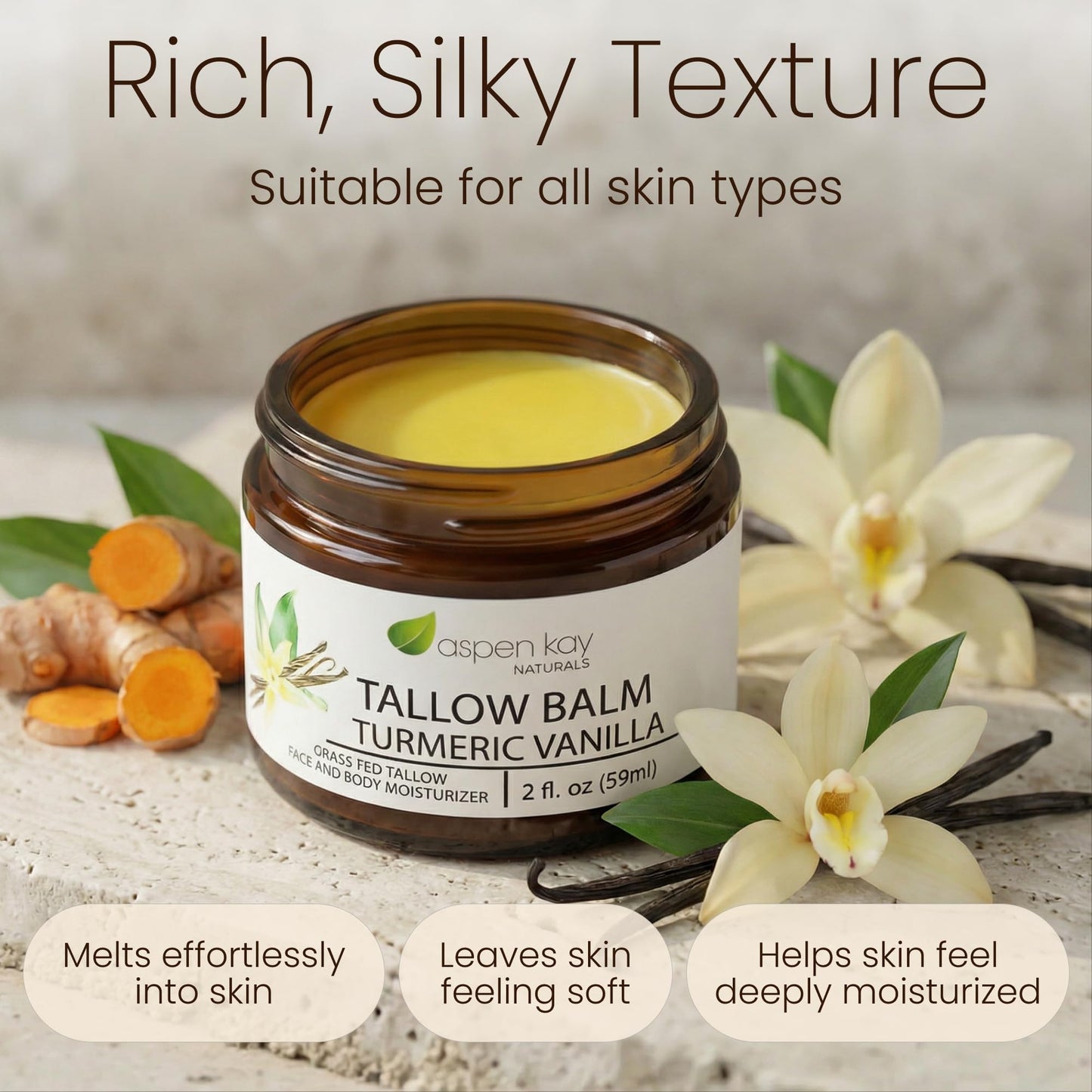 Aspen Kay Naturals Handmade Grass Fed Beef Tallow Balm with Turmeric and Vitamin C for Face and Body, Organic Vanilla Turmeric Skin Moisturizer for Dull Dry Skin, Natural Glow, 2 fl oz, Made in USA