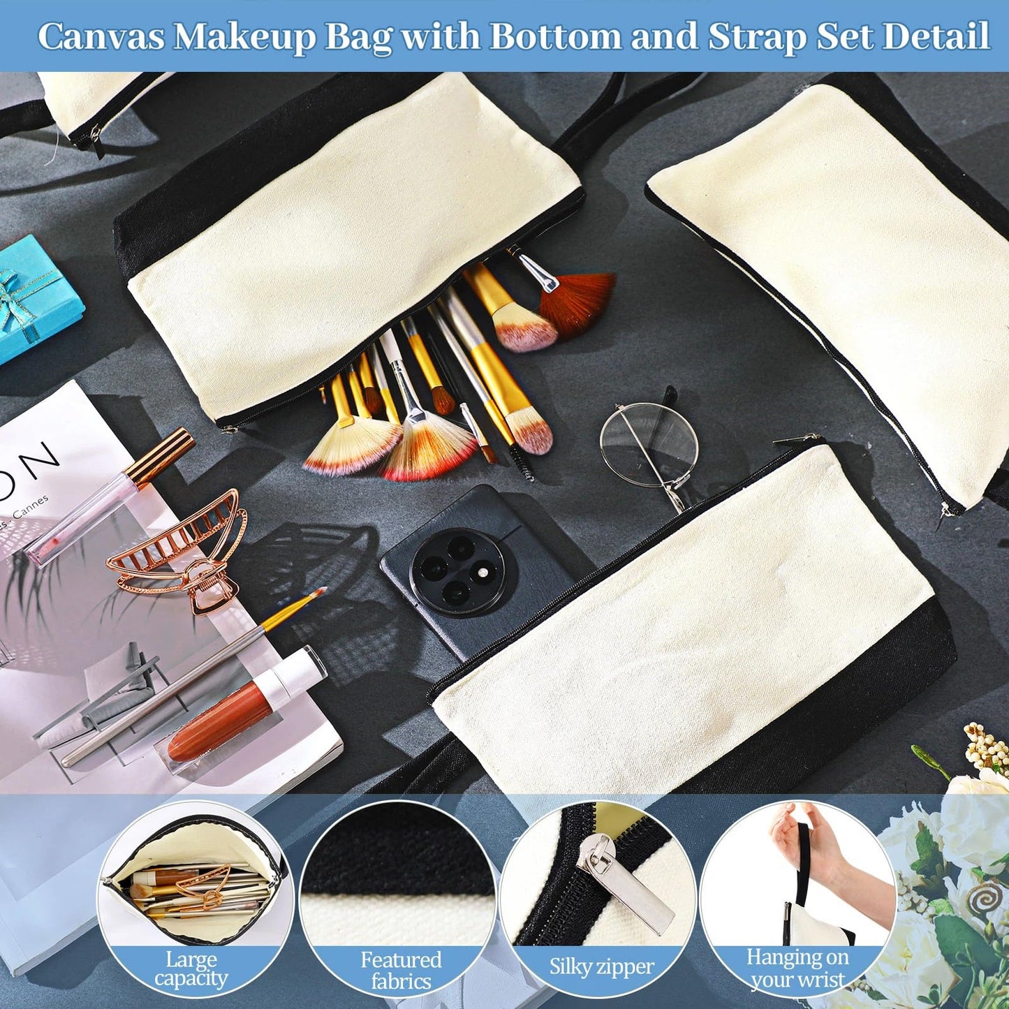 Silkfly 30 Pcs Cotton Canvas Makeup Bags Canvas Cosmetic Zipper Bags 10.2 x 5.5 x 2'' Blank DIY Pouch Bulk with Bottom Pencil Case Travel Toiletry Pouch for Women Gift (Black,Beige)