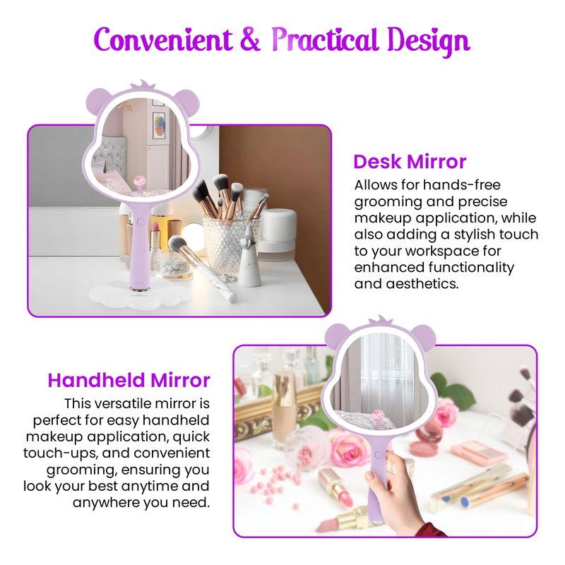 Impressions Vanity Care Bears Share Bear LED Handheld Makeup Mirror for Desk, Lighted Travel Makeup Mirror with Detachable Standing Base, Ultra Bright Adjustable Lighting and Figural Shaped (Purple)