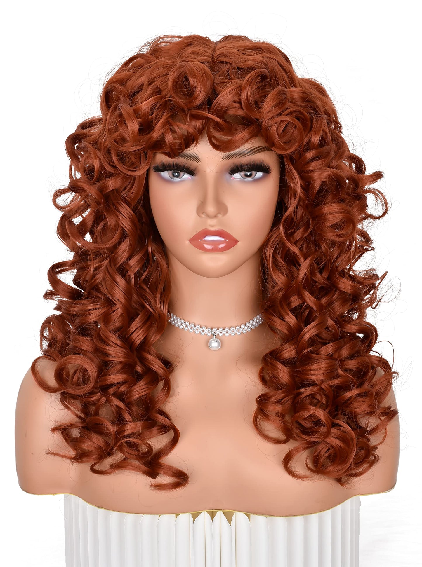 ANNISOUL Copper Curly Wigs for Black Women Long Curly Afro Wig with Bangs for Women Big Bouncy Fluffy Synthetic Fiber Glueless Hair for Cosplay and Daily