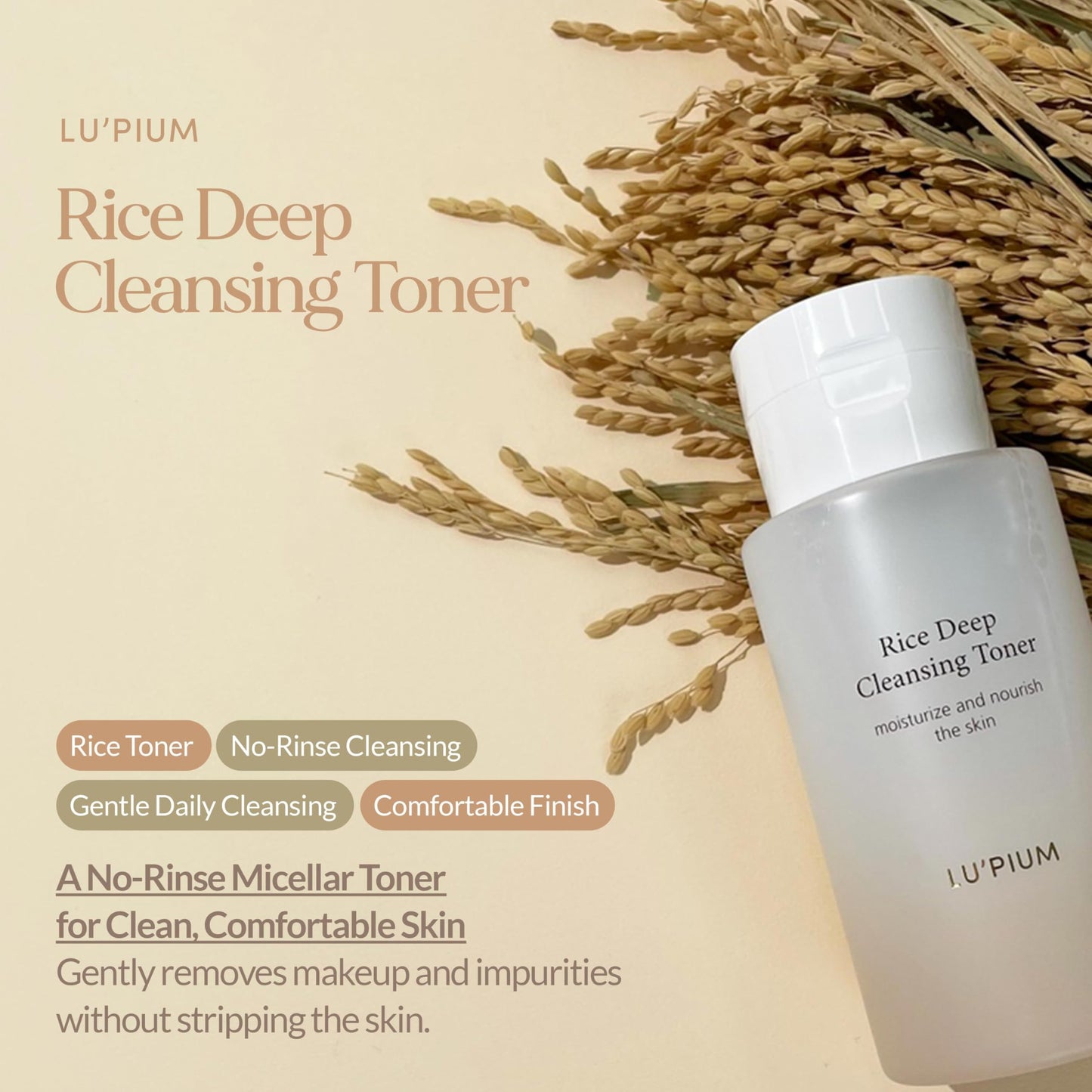 LU'PIUM Rice Deep Cleansing Toner – 81% Rice Cleansing Water for Pore Purifying, Hyaluronic Acid, Makeup Remover, Hydrated Finish, Korean Skincare (300ml, 10.14 fl.oz.)