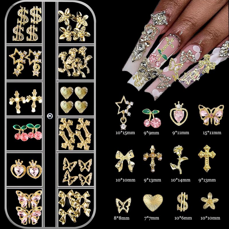KACHIMOO Gold Nail Charms,Pink Nail Art Charms 4 Boxes Nail Gems Nail Pearls 3D Cross Butterfly Cherry Heart Star Bow Flower Dollar Nail Rhinestones,3D Nail Art Charms for Nails Design
