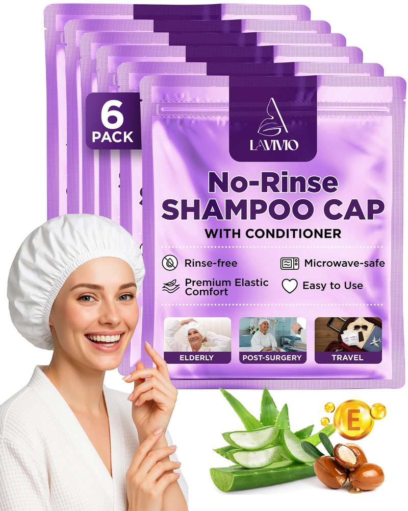 LAVIVIO No Rinse Shampoo Caps – Waterless Hair Washing Shower Caps for Bedridden Patients, Elderly, Hospital Use – Disposable Rinseless Conditioning Bathing Supplies with Aloe Vera, Vitamins - 12 Pack