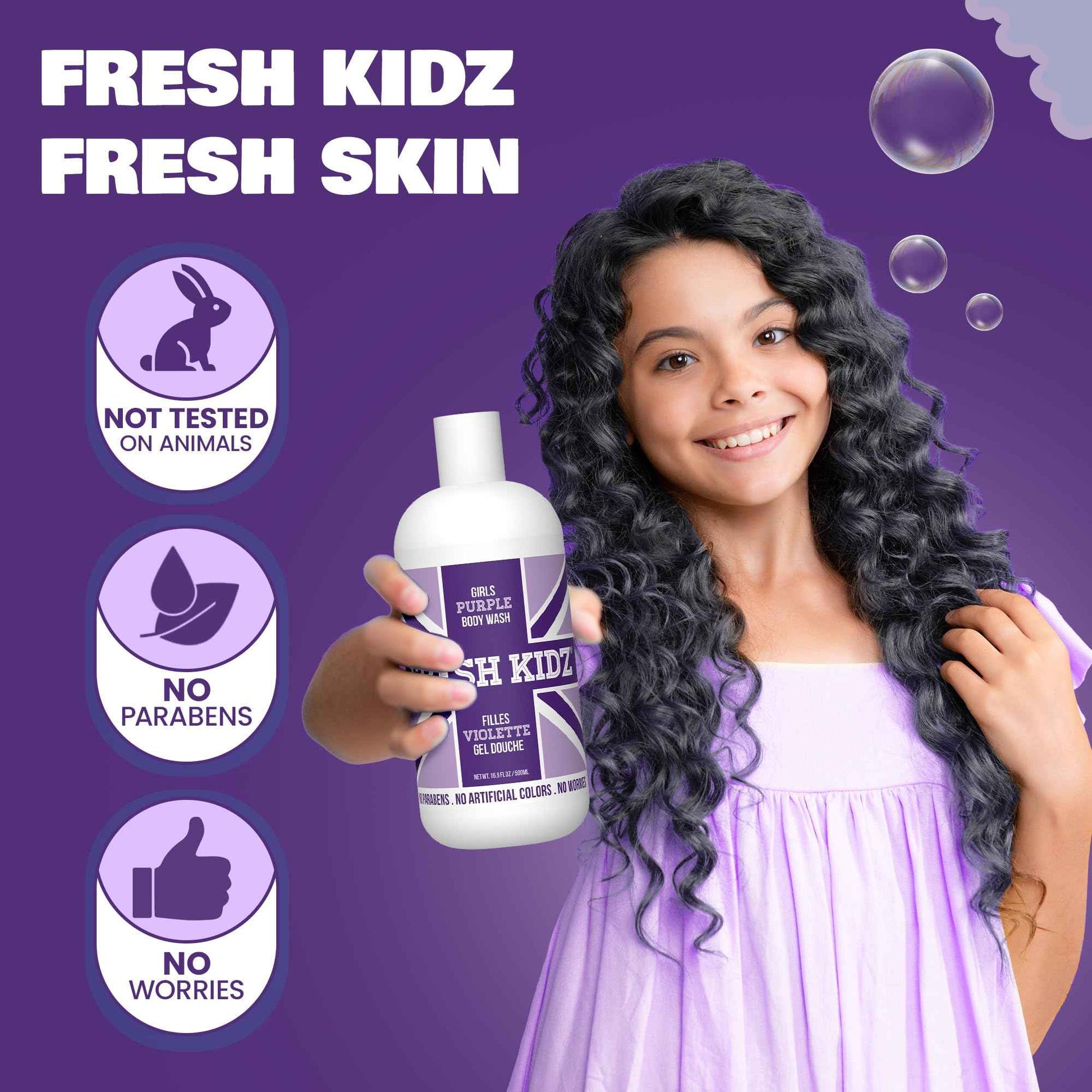Fresh Kidz Body Wash 16.9 fl.oz. and Stick Deodorant 2.65 oz for Kids and Teens - Girls "Purple" Set