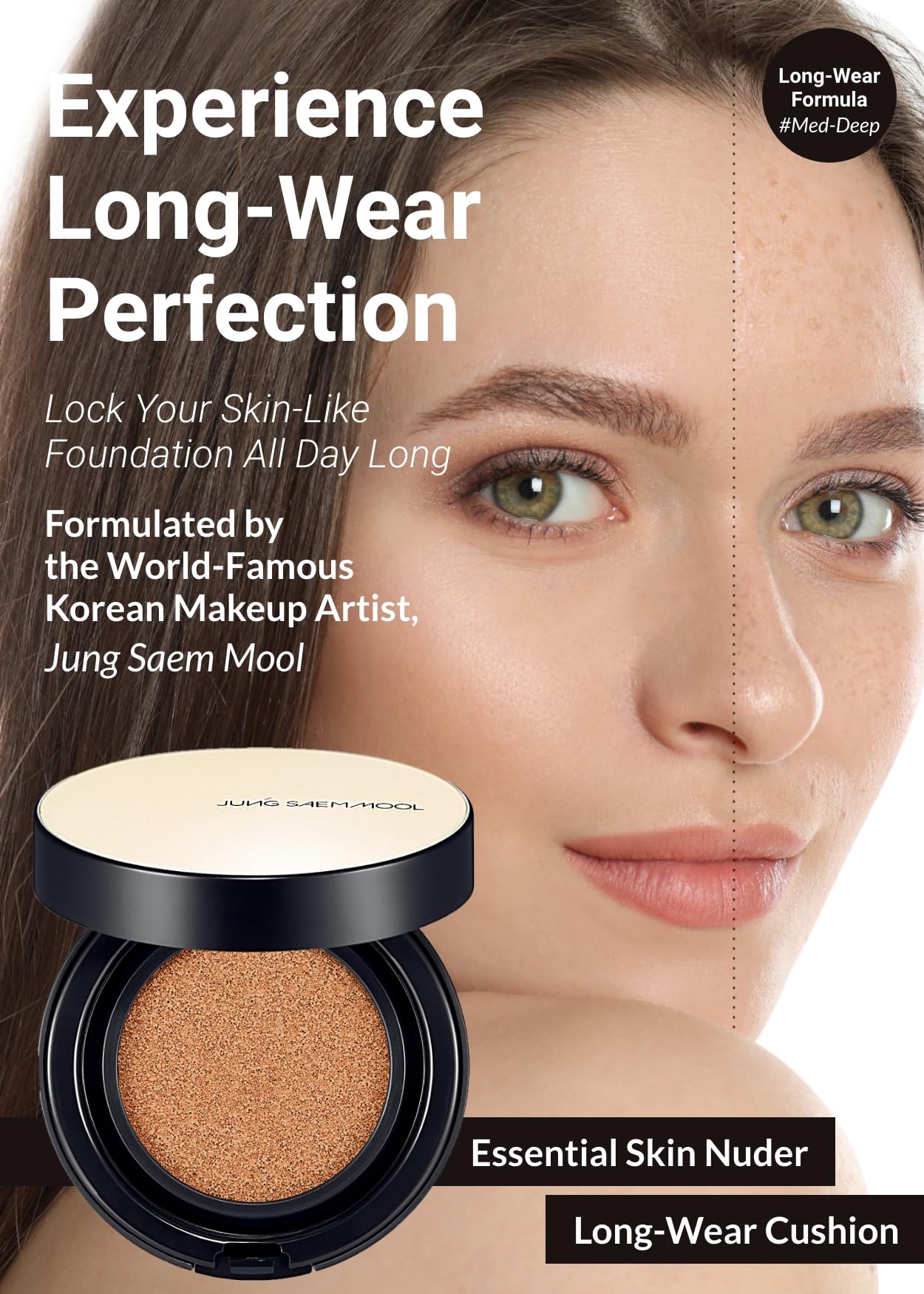 JUNG SAEM MOOL Essential Skin Nuder Longwear Cushion 0.98 Fl Oz, Refill Included, 24H Lasting Korean Cushion Foundation with High Coverage, Semi-Matte Natural Finish (SPF 50, 23 Medium Deep)