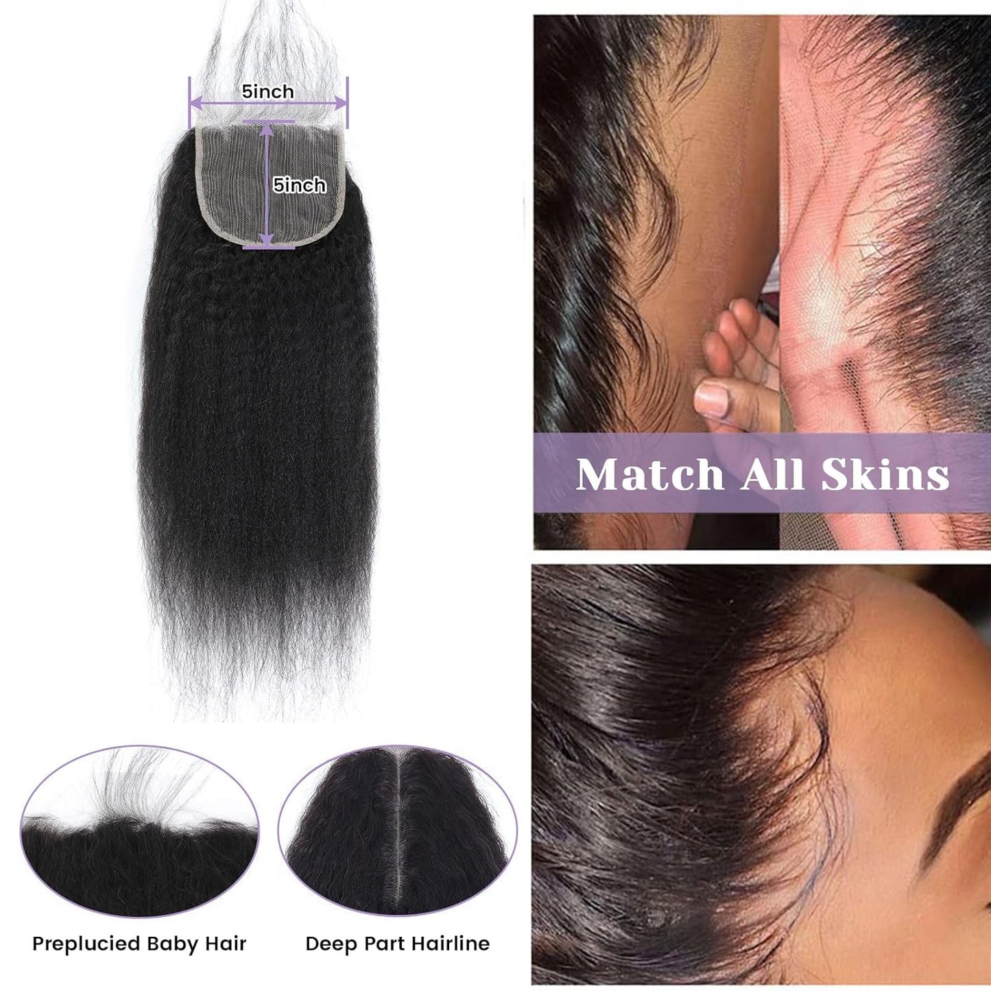 Kinky Straight Lace Closure - 5x5 HD Transparent Human Hair | Pre-Plucked Natural Black, 12 Inch