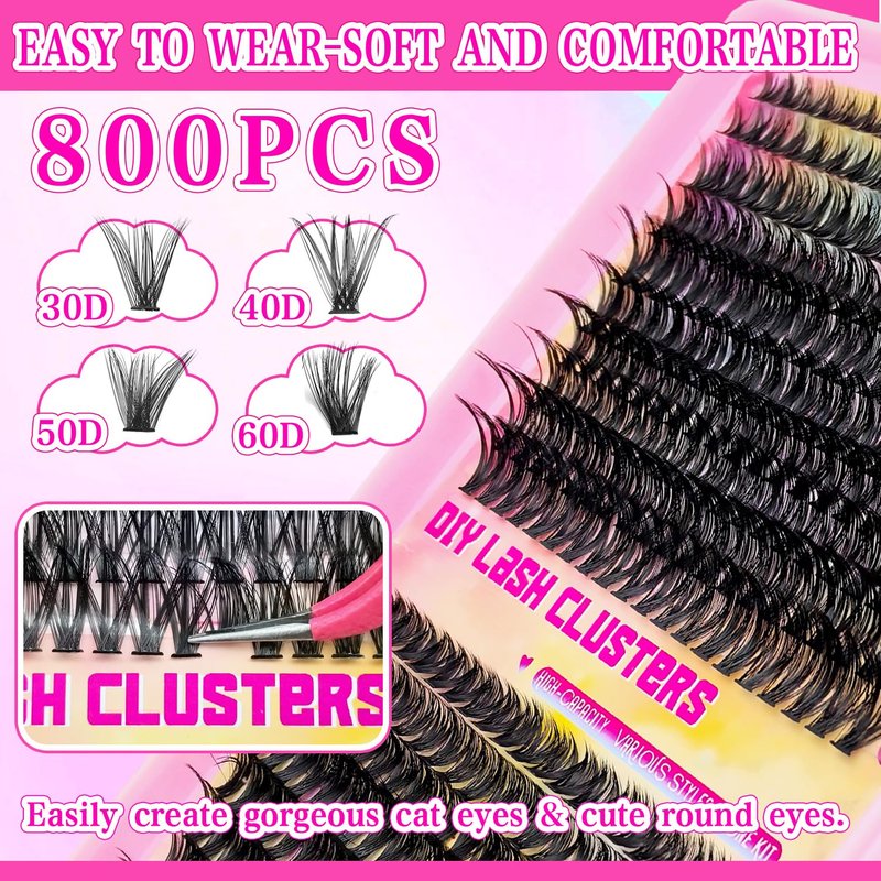 Lash Extension Kit - 800 Pcs 30D-100D Fluffy Volume Individual DIY Eyelashes | Wispy 9-16mm with Glue & Tweezers