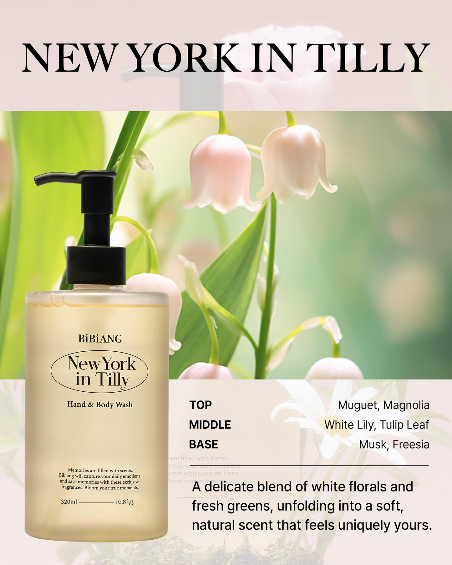 BiBiANG New York in Tilly Body Wash - Korean Body Care for Cleansing & Moisturizing - Hydrating Body Care Formula with Floral Lily Scent, Honey Propolis & Chamomile - 10.82 fl.oz