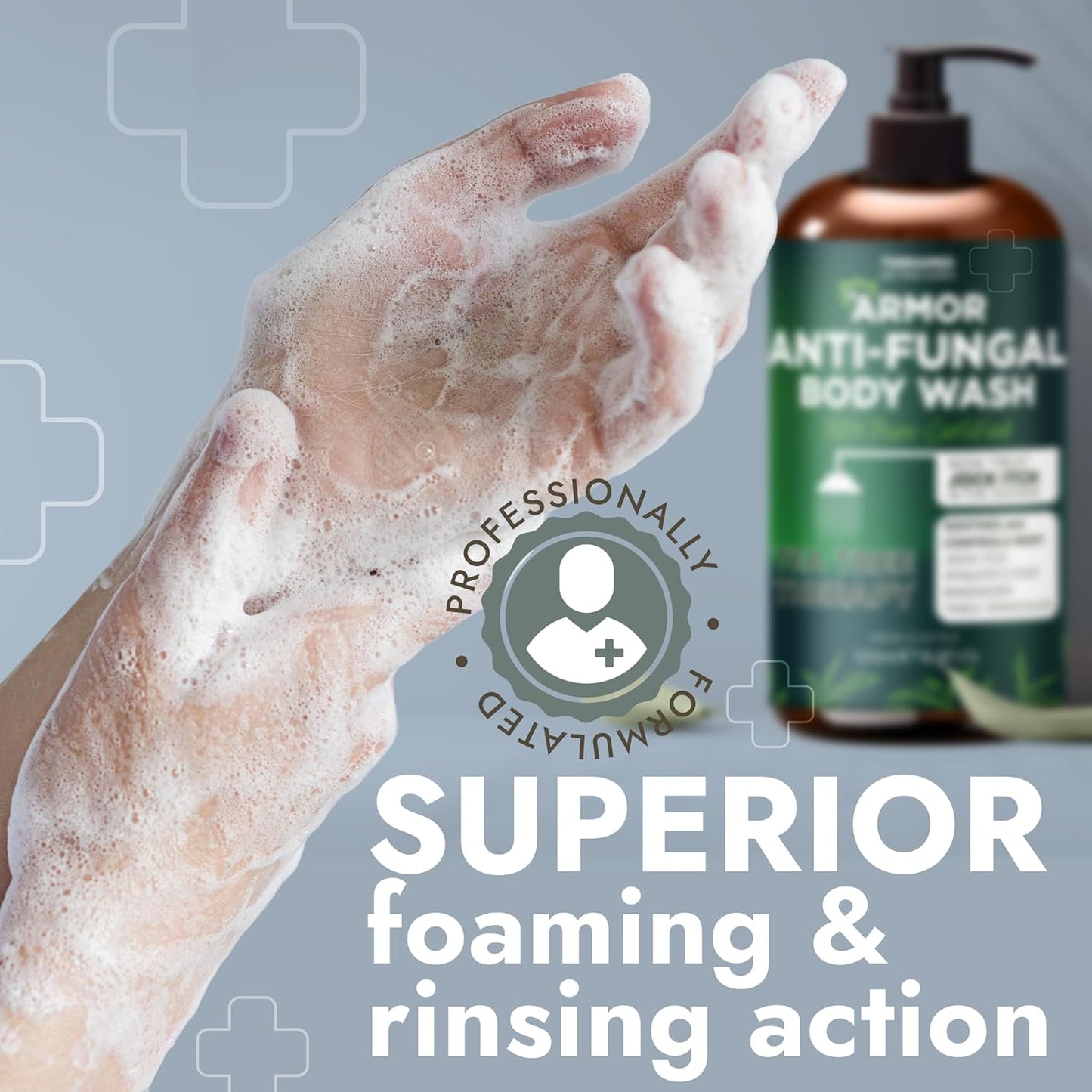 Antifungal Body Wash with Tea Tree Oil - Treat Back Acne, Ringworm & Eczema | Includes Silicone Scrubber (16.9 oz)