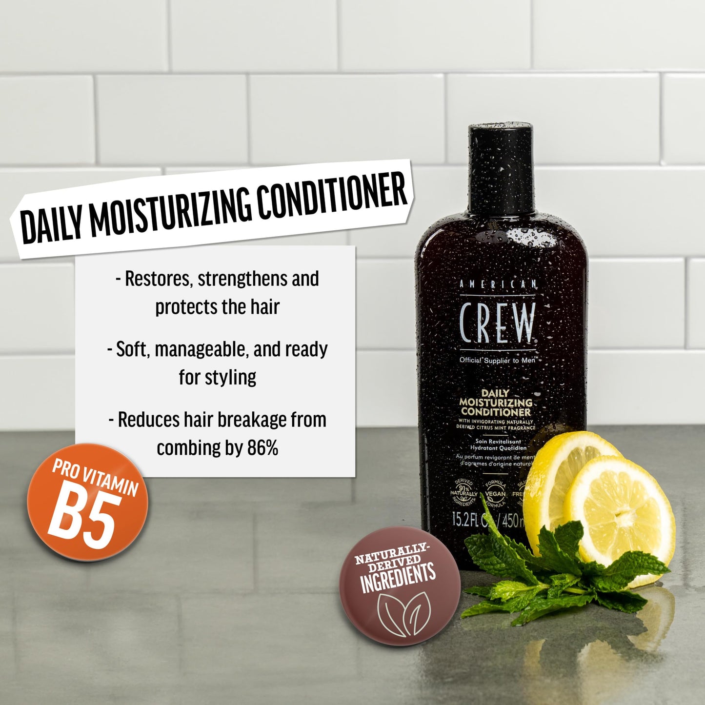 American Crew Conditioner for Men, Daily Moisturizer, Naturally Derived, Vegan Formula, Citrus Mint Fragrance, 15.2 Fl Oz