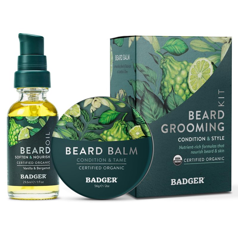 Badger Beard Grooming Kit, Organic Beard Oil Bottle + Organic Beard Balm Tin, Subtle Masculine Scent, Organic Mens Beard Care for Healthy Beard Growth, 2-Pack