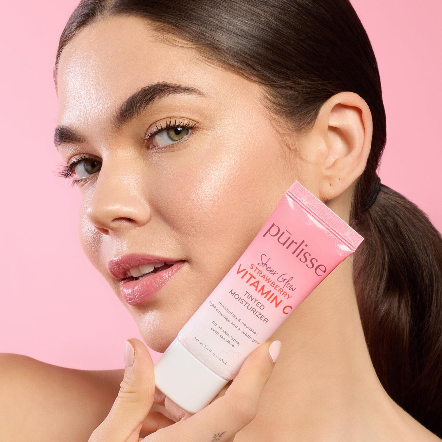 pürlisse Sheer Glow Strawberry Vitamin C Tinted Moisturizer - Skin Tint Moisturizer Enriched with Antioxidants to Even Complexion - Dewy Light Coverage for All Skin Types - Tan (1.4 oz)