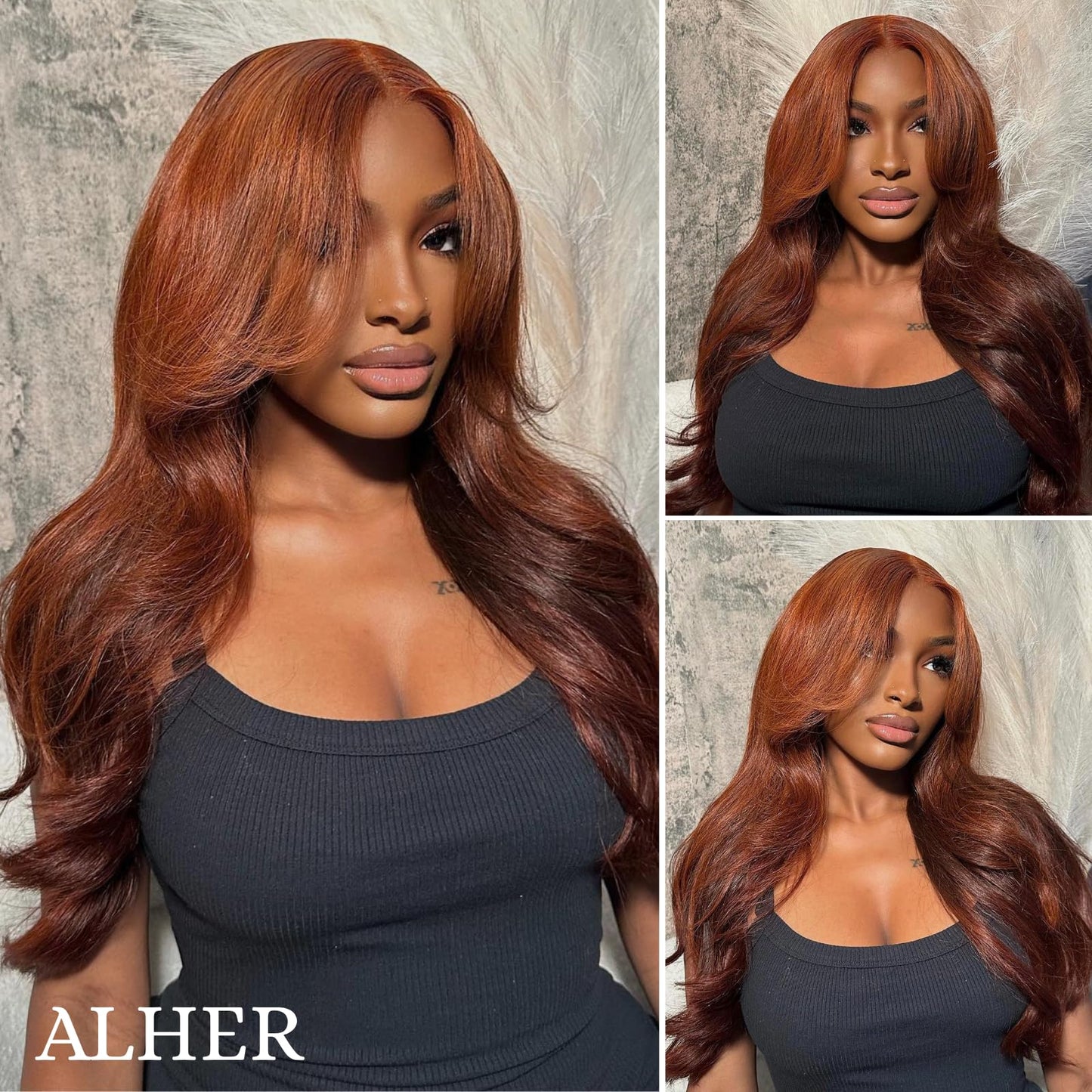 ALHER 33 Reddish Brown Body Wave Long Deep Part 2x6 Lace Closure, Copper Brown Colored 2x6 Kim K Closure Pre Plucked with Baby Hair, 12A 100% Brazilian Virgin Remy Human Hair for Black Women 14 Inch