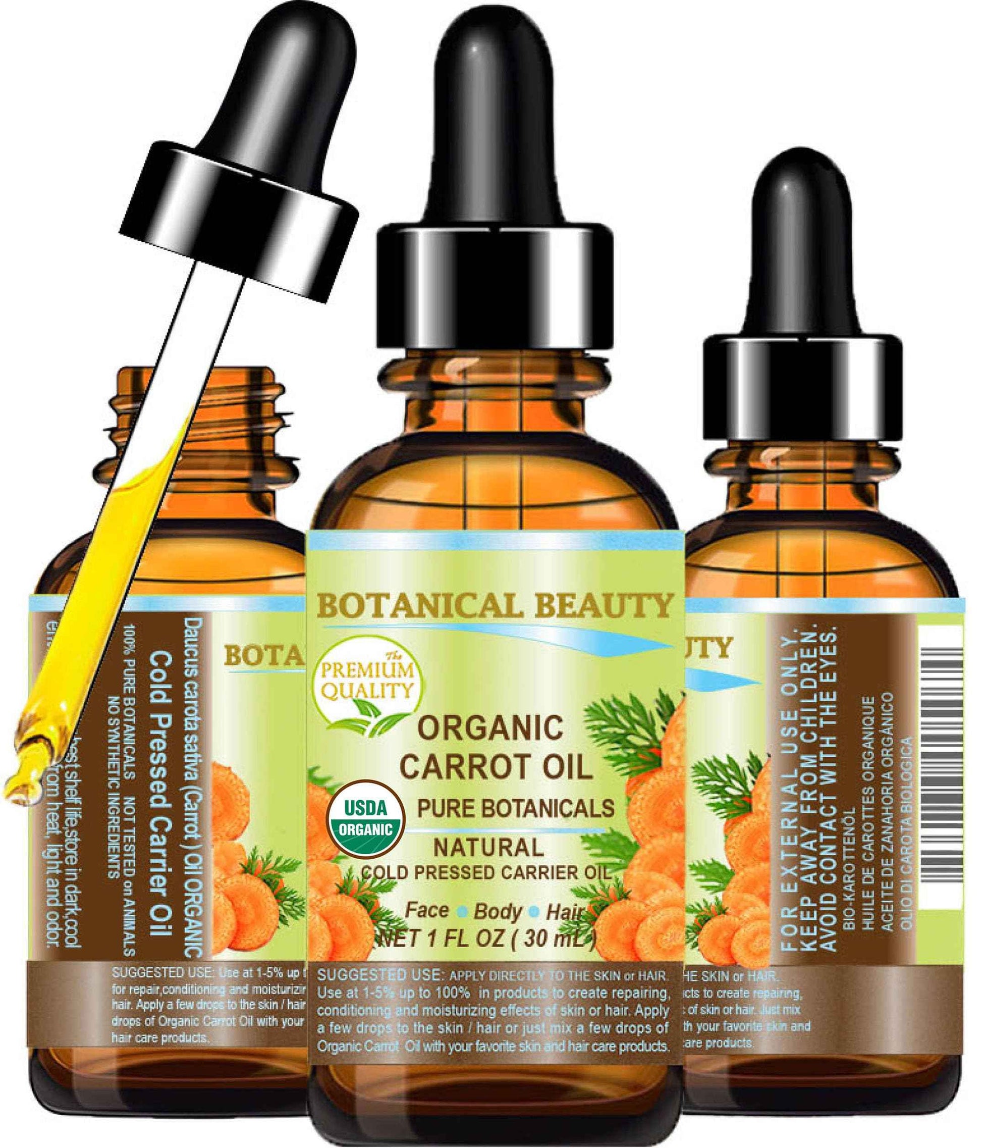 Botanical Beauty Organic CARROT SEED OIL 100% Pure VIRGIN UNREFINED Undiluted Cold Pressed Carrier Oil for Face, Skin, Body, Hair, Lip, Nails. Rich in Beta Carotene, Vitamin E (1 Fl Oz)