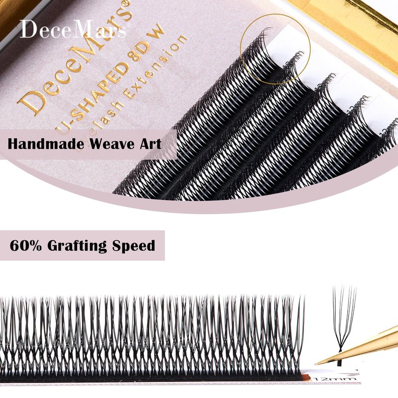 DeceMars 8D U Shaped Eyelash Extensions Easy Fans Double Tips 4D Russian Volume Crisscross Eyelashes Natural Soft YY Lash Extensions Handwoven Mesh Wispy Clusters Matte Black-0.07mm-D-8-15mm Mix