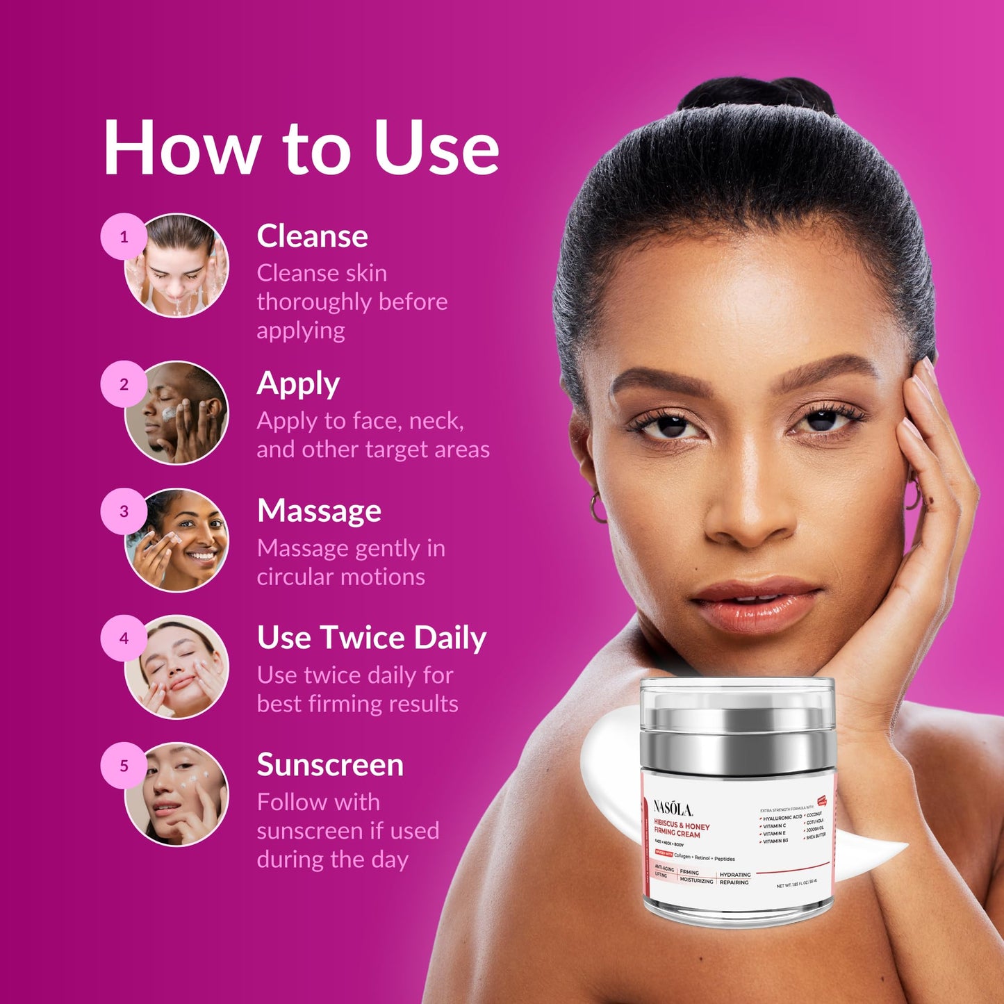 Nasola Hibiscus & Honey Firming Cream for Face, Neck & Body with Collagen, Retinol, Vitamin C, Hyaluronic Acid & Peptides – Skin Tightening, Anti-Wrinkle & Hydrating Moisturizer for Women & Men