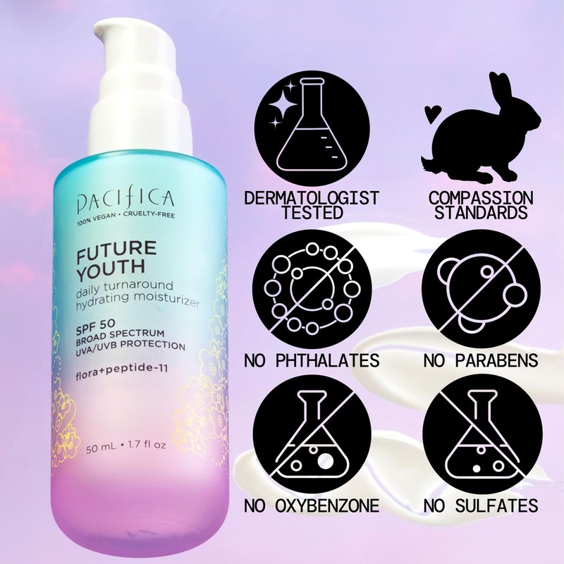 Pacifica Peptide Face Moisturizer Future Youth Daily Turnaround Hydrating, SPF 50 Broad Spectrum, UVA/UVB Sun Protection, Sunscreen, Face Moisturizer, Anti-Aging, Vegan, 1.7 fl oz (1 Count)