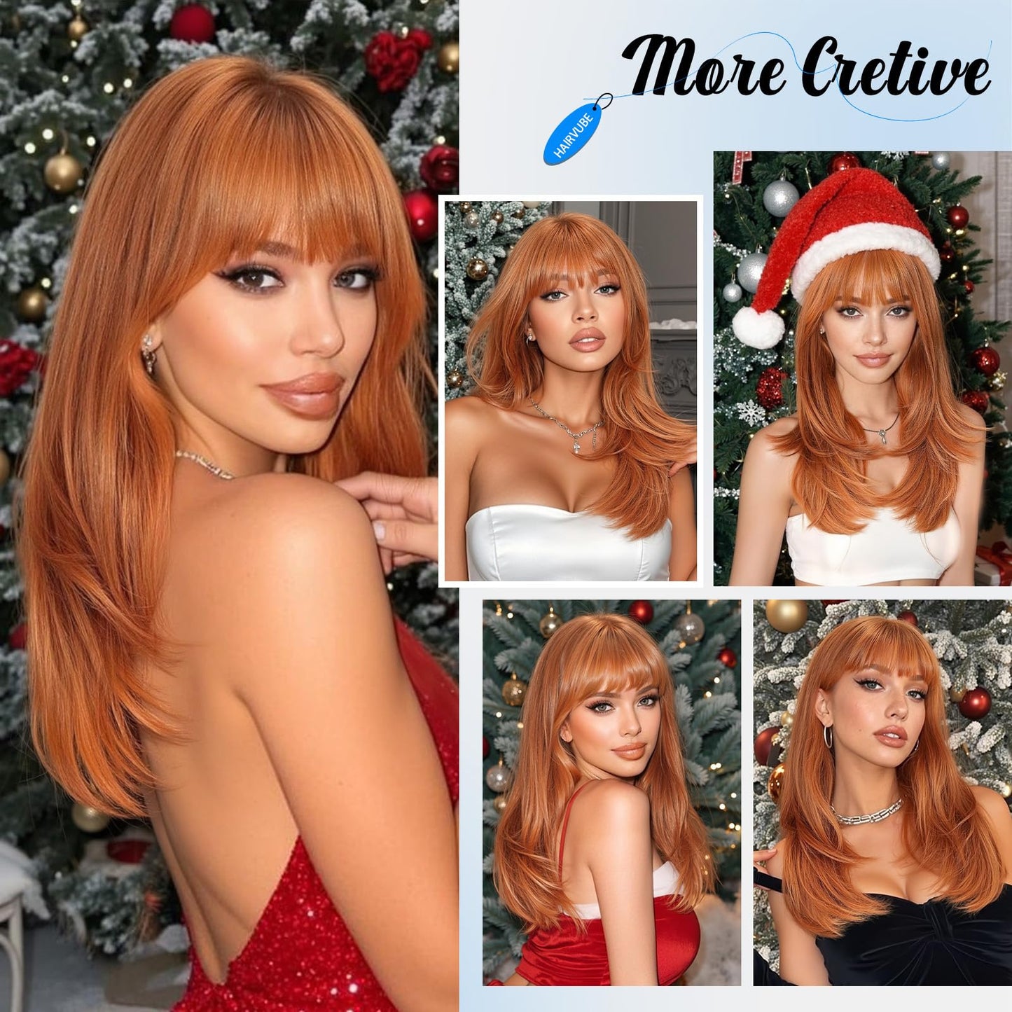 HAIRCUBE Layered Auburn Medium Long Straight Synthetic Wigs for Women with Bangs Heat Resistant Natural Look for Daily Use