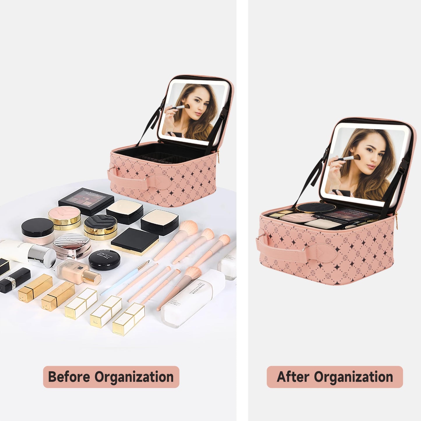 M Y U R E N Travel Makeup Bag With 360° rotating LED Mirror,Waterproof cosmetic organizer,Portability Cosmetic case,Makeup organizer,Gift for Women,Girls Gift (Pink)