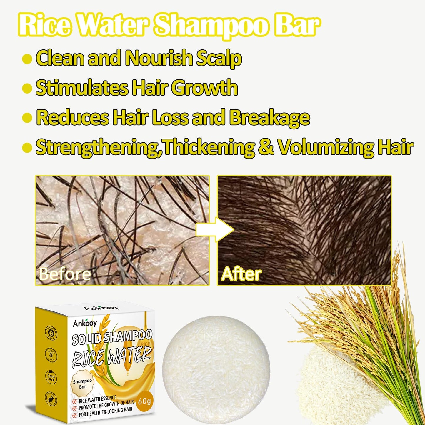 Shampoo Bar,Rice Water for Hair Growth,Clarifying Shampoo for Build Up,Soap Bar,Shampoo for Thinning Hair for Women and Men,Dandruff Shampoo,Frizz Control Hair Care,Travel Shampoo,Sulfate-Free(2 Pack)